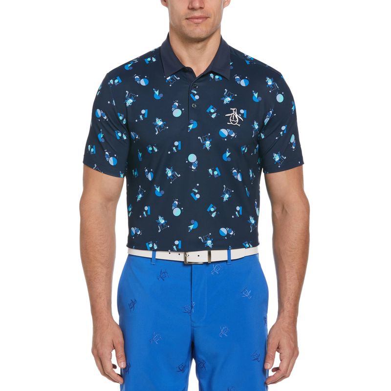 FRONT VIEW OF PENGUIN MENS ALL-OVER MEMPHIS PETE NOVETLY POLO IN BLACK IRIS