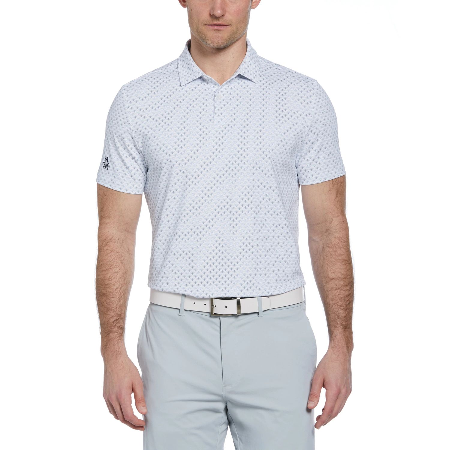 FRONT VIEW OF PENGUIN MENS RETRO GEO PRINT POLO IN BRIGHT WHITE