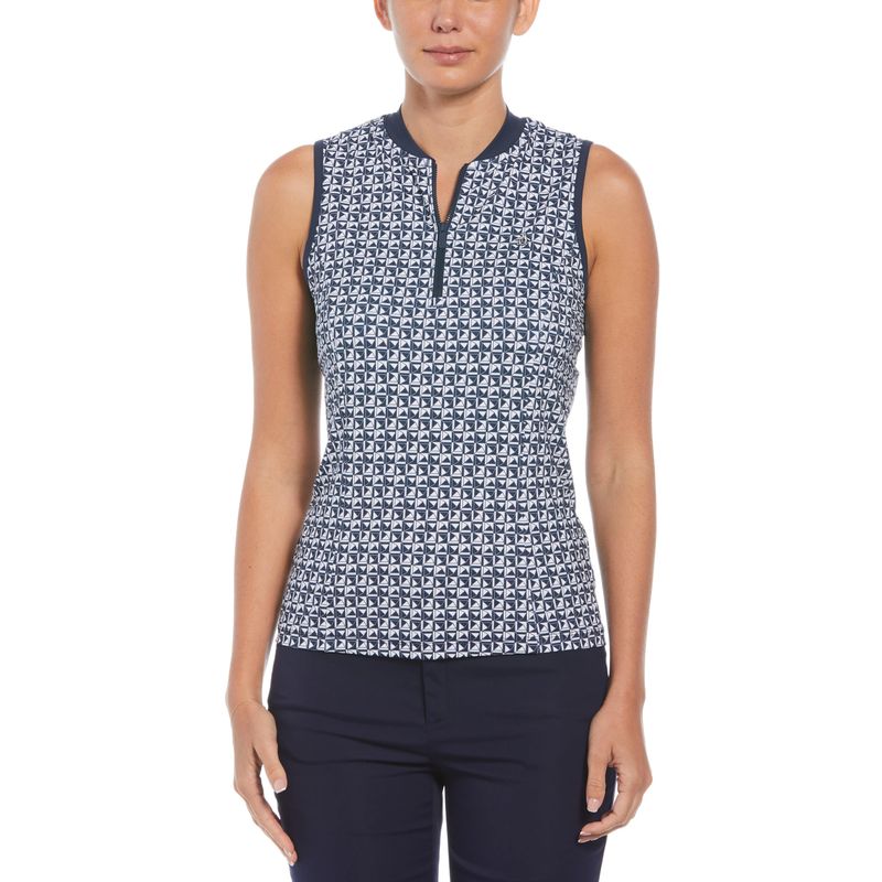 FRONT VIEW OF PENGUIN WOMENS SLEEVELESS GEO PRINTED POLO IN BLACK IRIS