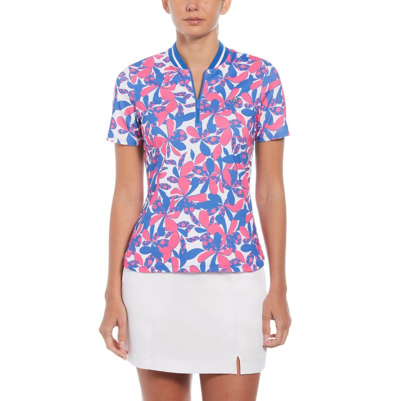 FRONT VIEW OF PENGUIN WOMENS FLORAL PRINT WITH STRIPED RIB MOCK NECK POLO IN CHEEKY PINK