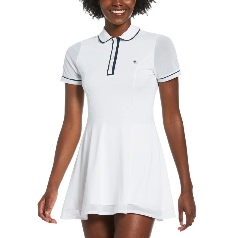 FRONT VIEW OF PENGUIN WOMENS SHORT SLEEVE VERONICA DRESS IN BRIGHT WHITE