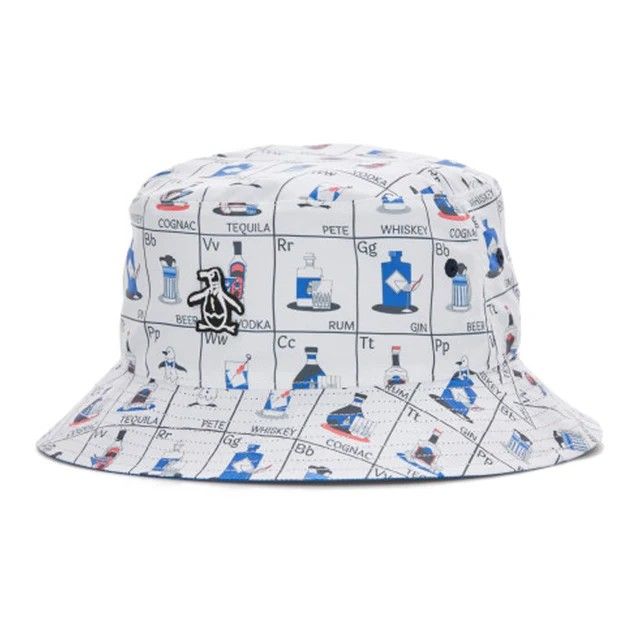 FRONT VIEW OF PENGUIN MENS PETE&#39;S FLASH CARDS REVERSIBLE BUCKET HAT IN BRIGHT WHITE
