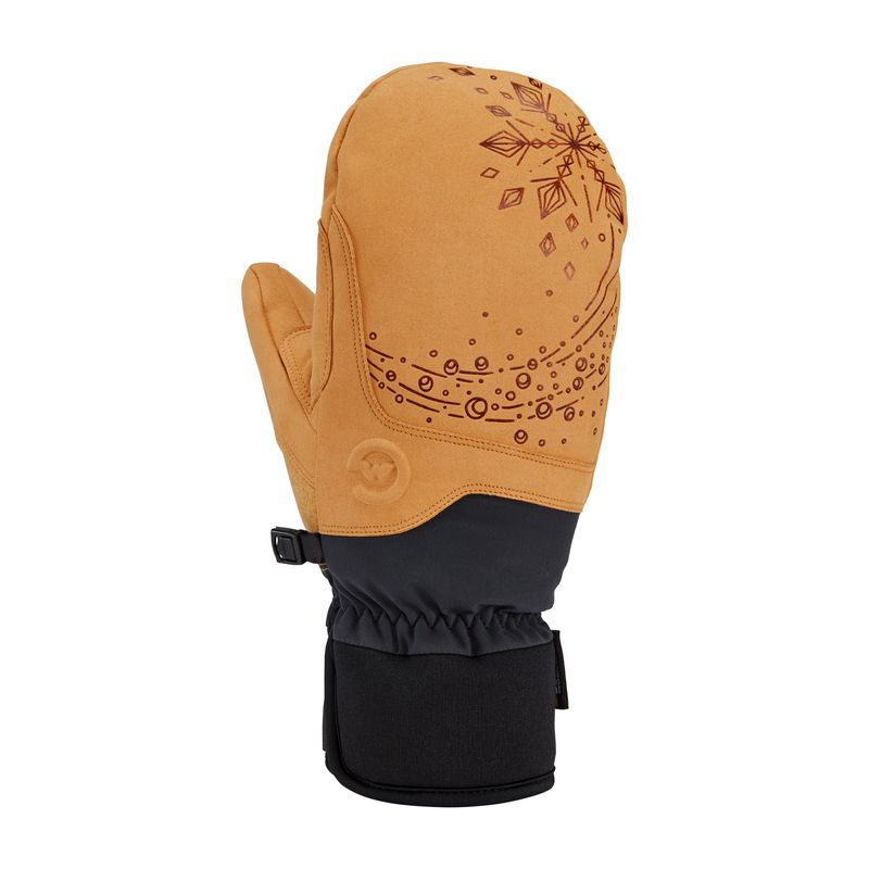 TOP MITTEN VIEW OF GORDINI WOMENS MTN CREW ARTIST MITTEN IN TAN BLACK SNOWFLAKE
