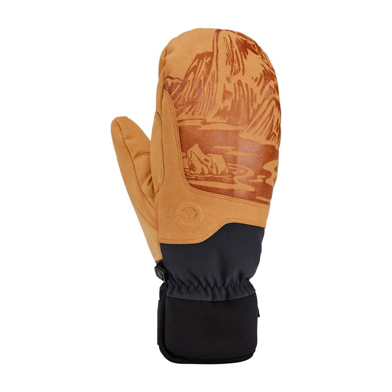 TOP MITTEN VIEW OF GORDINI MENS MTN CREW ARTIST MITTEN IN TAN BLACK MOUNTAIN