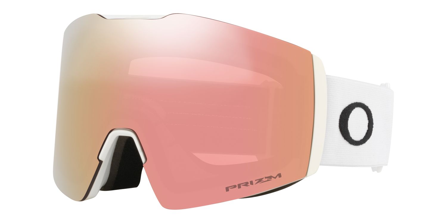 FRONT VIEW OF OAKLEY UNISEX FALL LINE L GOGGLES IN MATTE WHITE FRAME AND ROSE GOLD IRIDIUM LENS