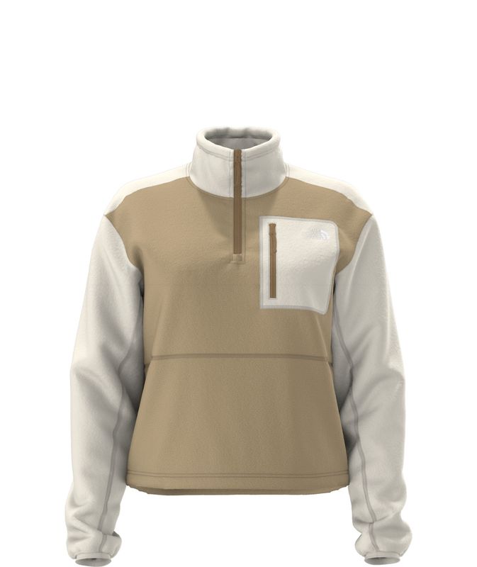 FRONT VIEW OF THE NORTH FACE WOMENS YUMIORI ¼ ZIP SWEATER IN KHAKI STONE/WHITE DUNE/UTILITY BROWN