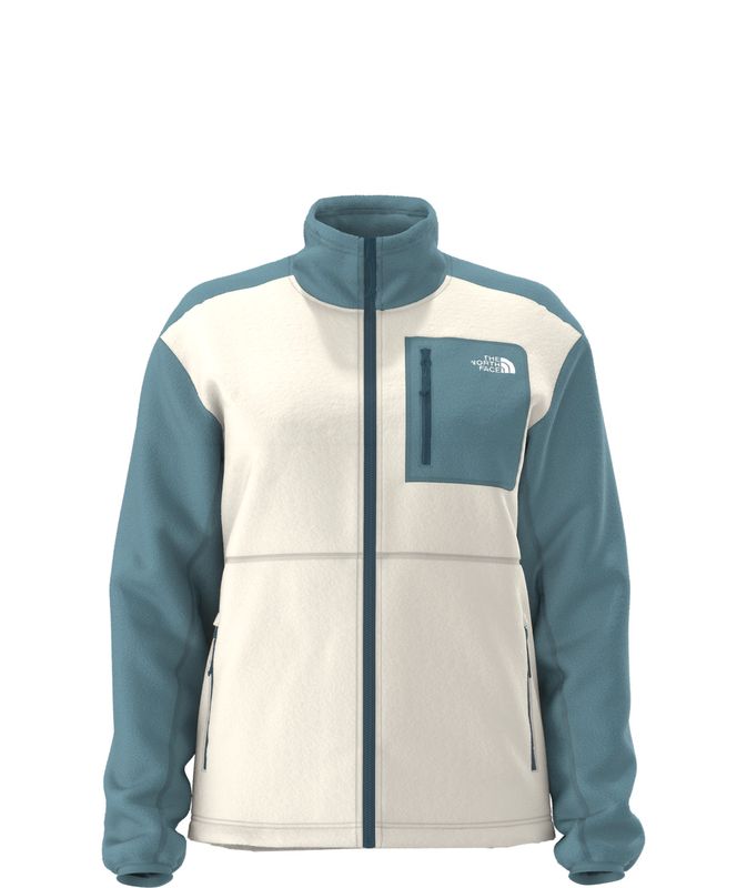 FRONT VIEW OF THE NORTH FACE WOMENS YUMIORI FULL ZIP SWEATER IN WHITE DUNE/BLUE/MIDNIGHT PETROL