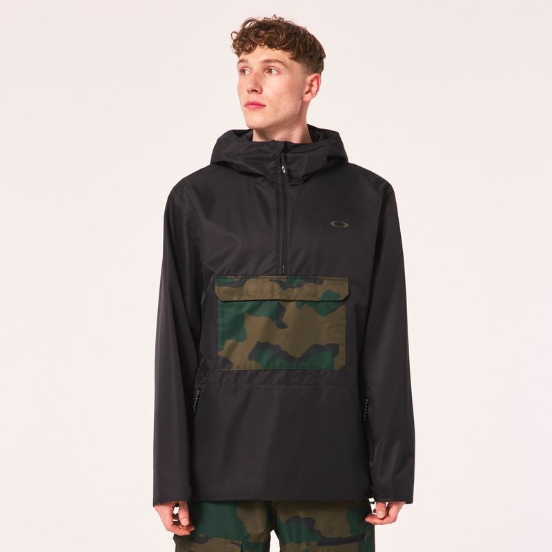 FRONT VIEW OF OAKLEY MENS DIVISIONAL RC SHELL ANORAK WINTER JACKET IN BLACKOUT