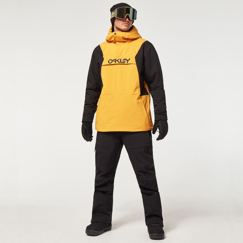 FRONT VIEW OF OAKLEY MENS TNP TBT INSULATED ANORAK WINTER JACKET IN AMBER YELLOW/BLACKOUT