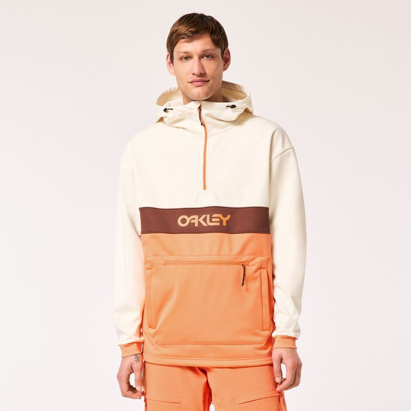 FRONT VIEW OF OAKLEY MENS TNP NOSE GRAB SOFTSHELL HOODIE IN ARCTIC WHITE/SOFT ORANGE