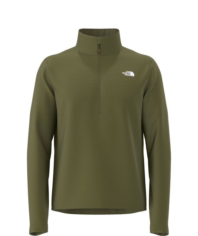 FRONT VIEW OF THE NORTH FACE MENS DOTKNIT THERMAL 1/4 ZIP SWEATER IN FOREST OLIVE