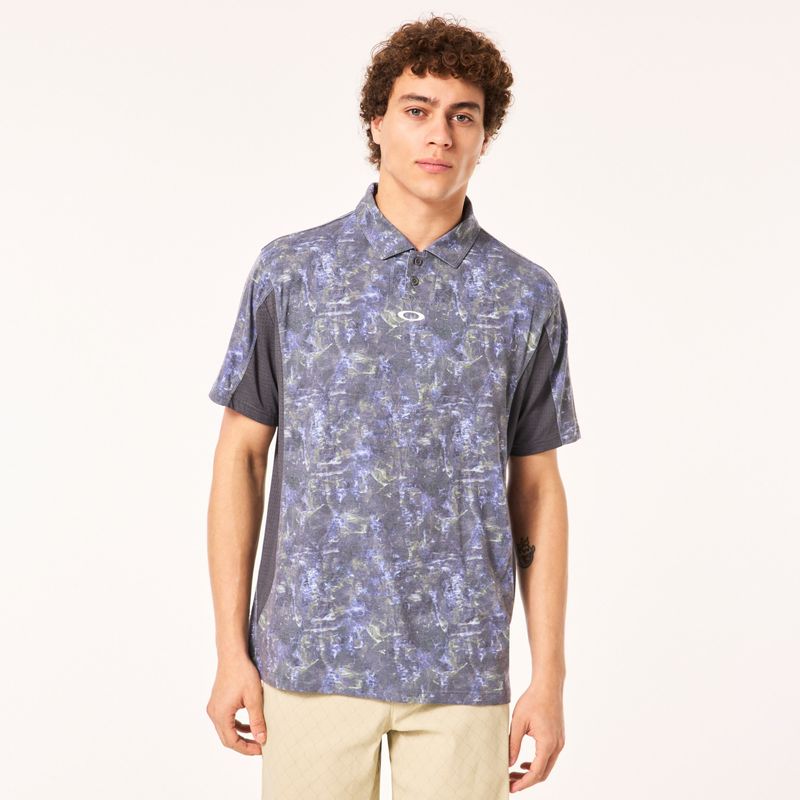 FRONT VIEW OF OAKLEY MENS C1 AIRVENT ROCK PRINT POLO IN ROCKS PRINT BLACK