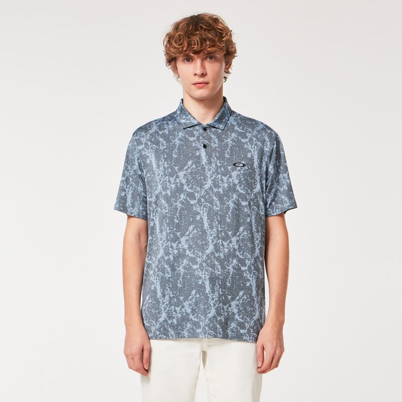 FRONT VIEW OF OAKLEY MENS MARBLE JAQUARD POLO IN STONEWASH BLUE