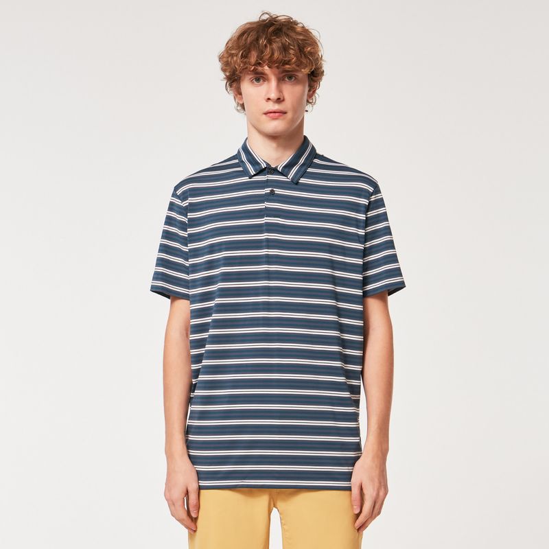 FRONT VIEW OF OAKLEY MENS ARCHIVE STRIPE POLO IN DARK SLATE