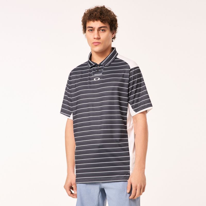 FRONT VIEW OF OAKLEY MENS C1 ARCHIVE STRIPE POLO IN BLACK STRIPE