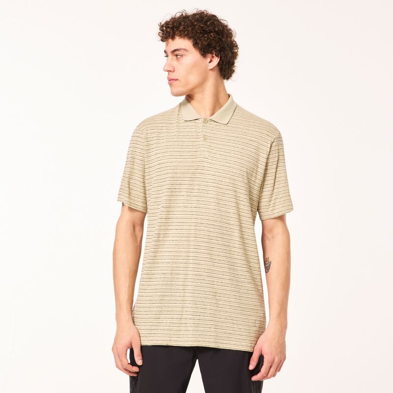 FRONT VIEW OF OAKLEY MENS DEBRIS STRIPE POLO IN SILVER SAGE