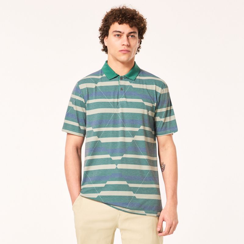 FRONT VIEW OF OAKLEY MENS FRACTURED ARGYLE POLO IN HYBRID VIRIDIAN