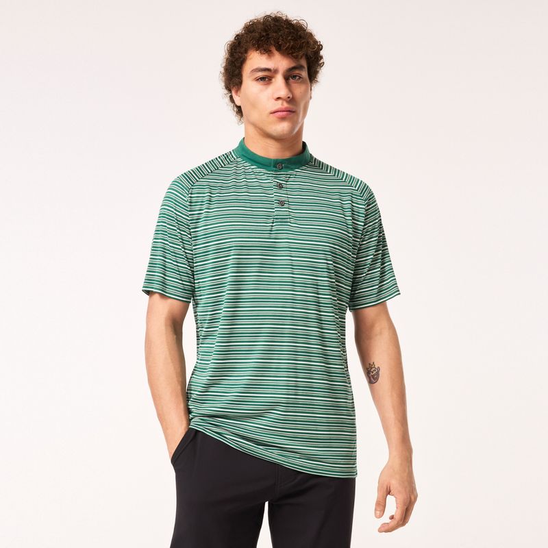 FRONT VIEW OF OAKLEY MENS FRINGE STRIPE POLO IN VIRIDIAN STRIPES