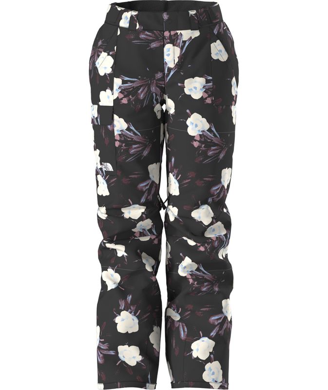 FRONT VIEW OF THE NORTH FACE WOMENS FREEDOM INSULATED SNOWPANT IN TNF BLACK WINTER FLOWERS PRINT