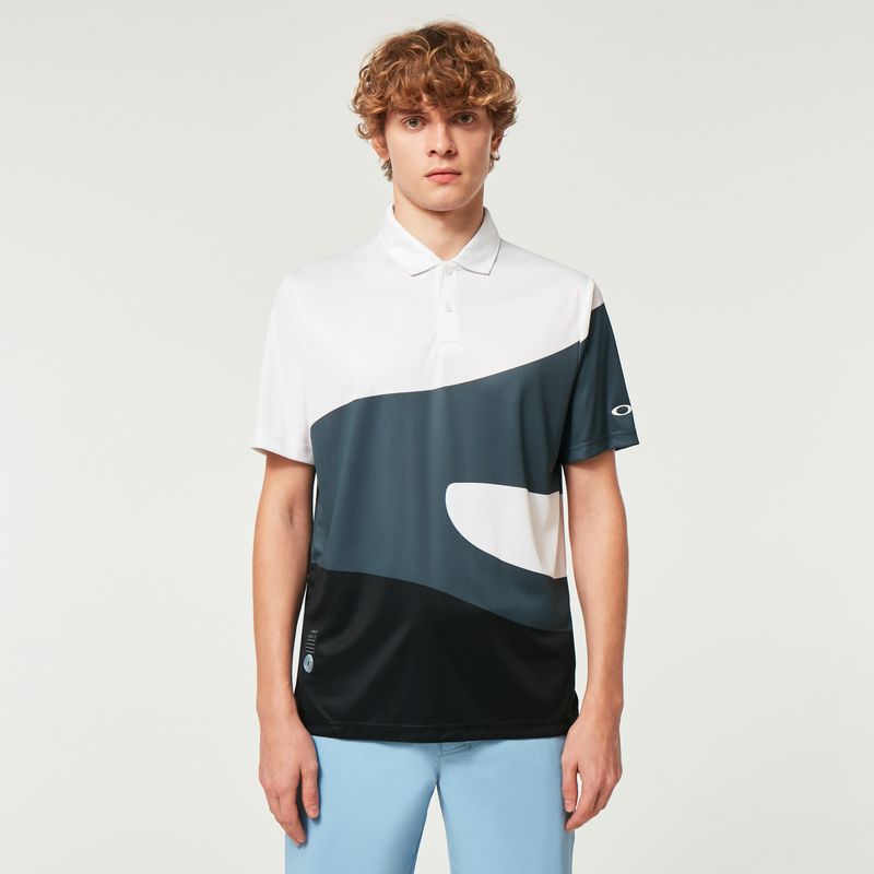 FRONT VIEW OF OAKLEY MENS REDUCT WAVE POLO IN AURORA BLUE