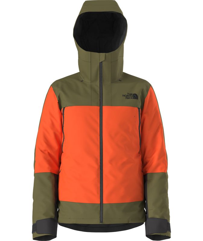 FRONT VIEW OF THE NORTH FACE MENS MOUNT BRE WINTER JACKET IN ORANGE/FOREST OLIVE