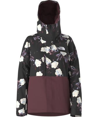 FRONT VIEW OF THE NORTH FACE WOMENS FREEDOM INSULATED WINTER JACKET IN BLACK FLOWERS/ALPINE PLUM