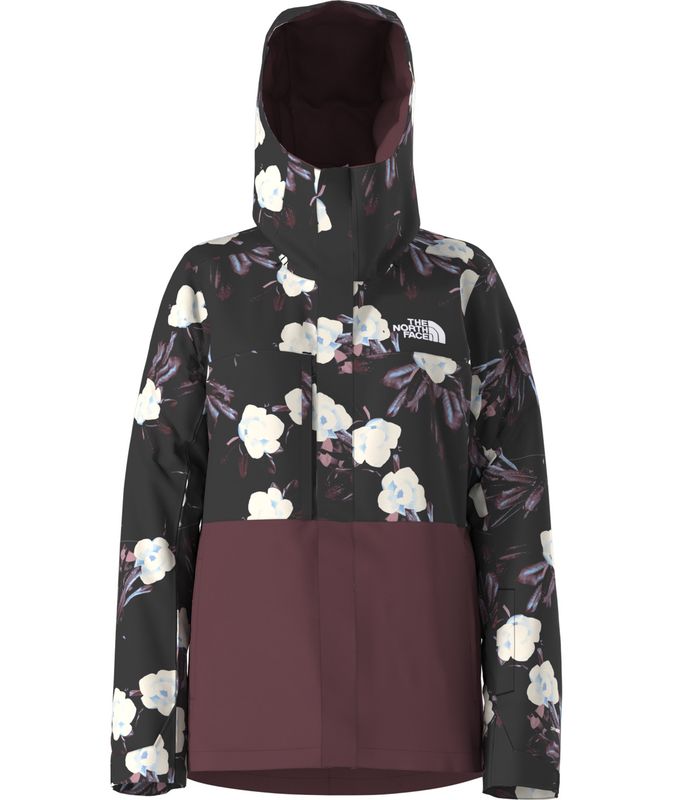 FRONT VIEW OF THE NORTH FACE WOMENS FREEDOM INSULATED WINTER JACKET IN BLACK FLOWERS/ALPINE PLUM