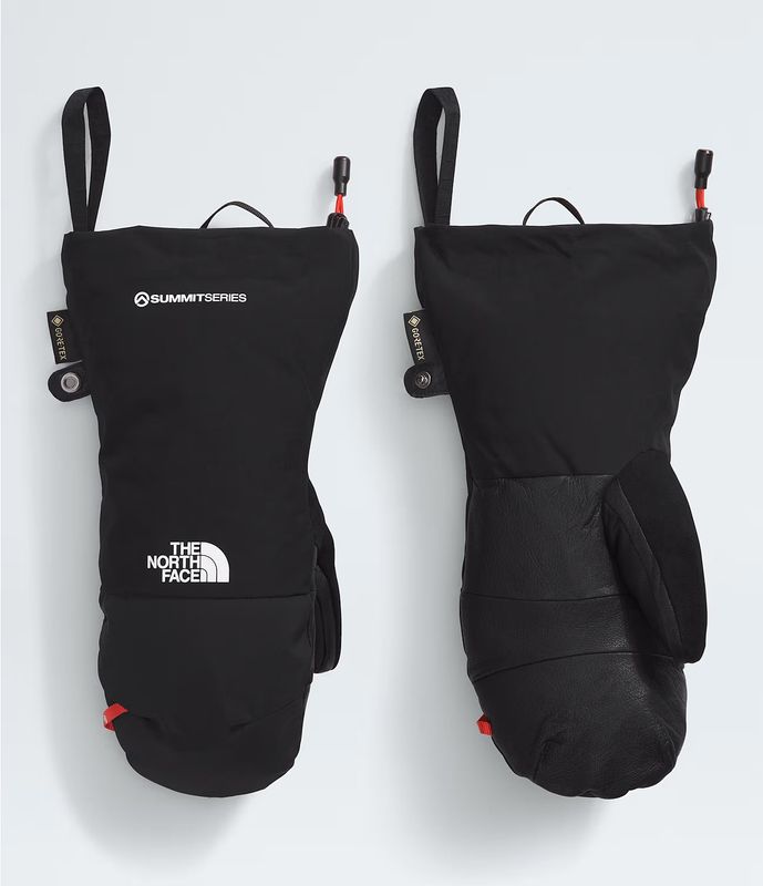 TOP AND HAND VIEW OF THE NORTH FACE UNISEX SUMMIT DOWN GTX MITTEN IN TNF BLACK