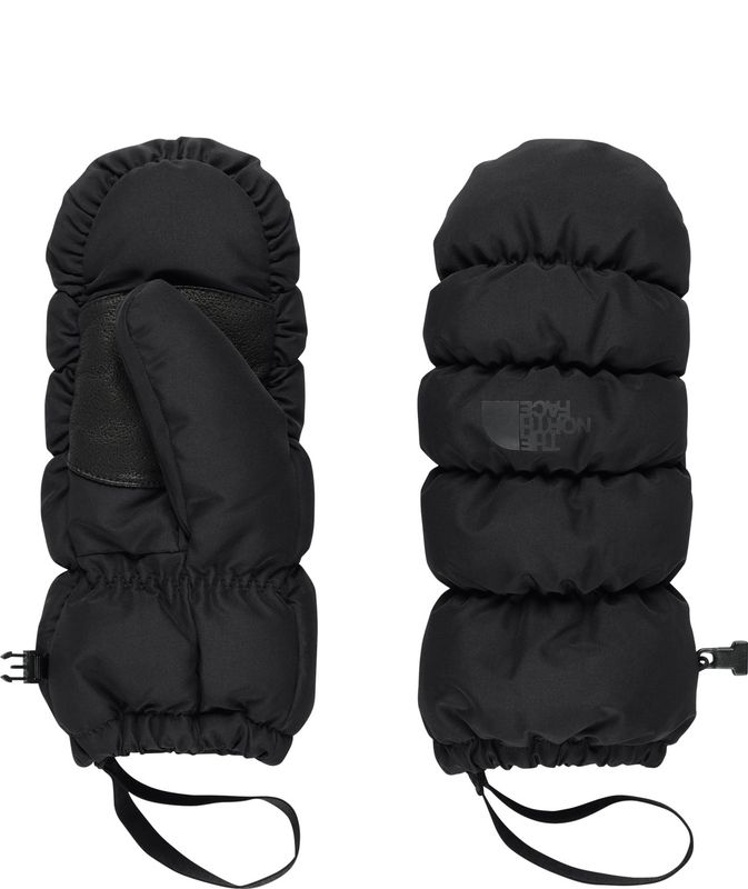 TOP AND HAND VIEW OF THE NORTH FACE UNISEX MONTANA PUFFER MITTEN IN TNF BLACK