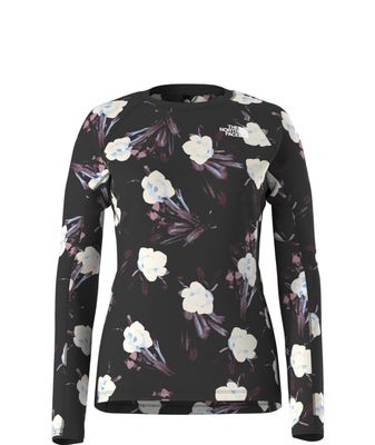 FRONT VIEW OF THE NORTH FACE WOMENS FD PRO 160 BASELAYER TOP IN TNF BLACK WINTER FLOWERS PRINT