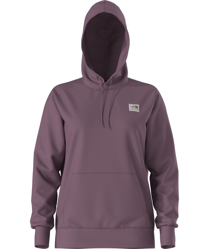 FRONT VIEW OF THE NORTH FACE WOMENS HERITAGE PATCH SWEATER IN MIDNIGHT MAUVE/HERITAGE PATCH