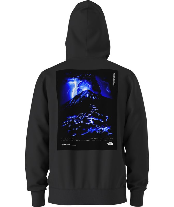 BACK VIEW OF THE NORTH FACE MENS LAVA HOODIE IN TNF BLACK/LAVA
