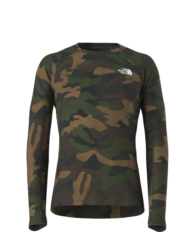 FRONT VIEW OF THE NORTH FACE MENS FD PRO 160 BASELAYER TOP IN TNF BLACK TNF CAMO PRINT