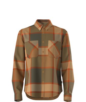 FRONT VIEW OF THE NORTH FACE MENS VALLEY TWILL FLANNEL LONG SLEEVE SHIRT IN NEW TAUPE GREEN PLAID