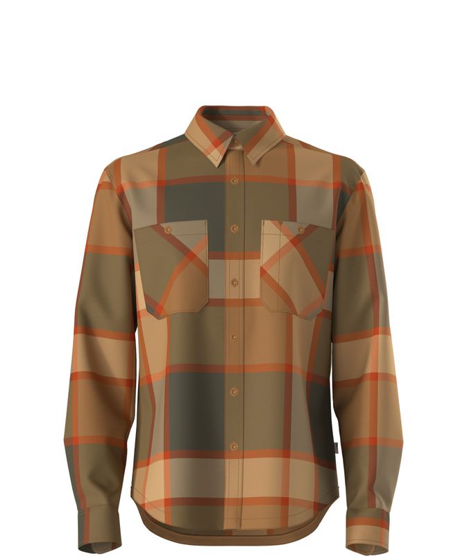 FRONT VIEW OF THE NORTH FACE MENS VALLEY TWILL FLANNEL LONG SLEEVE SHIRT IN NEW TAUPE GREEN PLAID