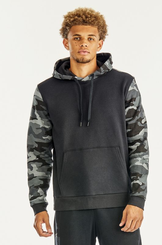 FRONT VIEW OF UNDER ARMOUR MENS RIVAL FLEECE BLOCKED HOODIE IN BLACK PATTERN