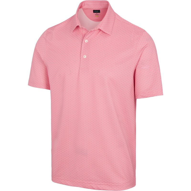 FRONT VIEW OF GREG NORMAN MENS ML75 RECYCLED MICROLUX FLAG POLO IN HARBOR CORAL
