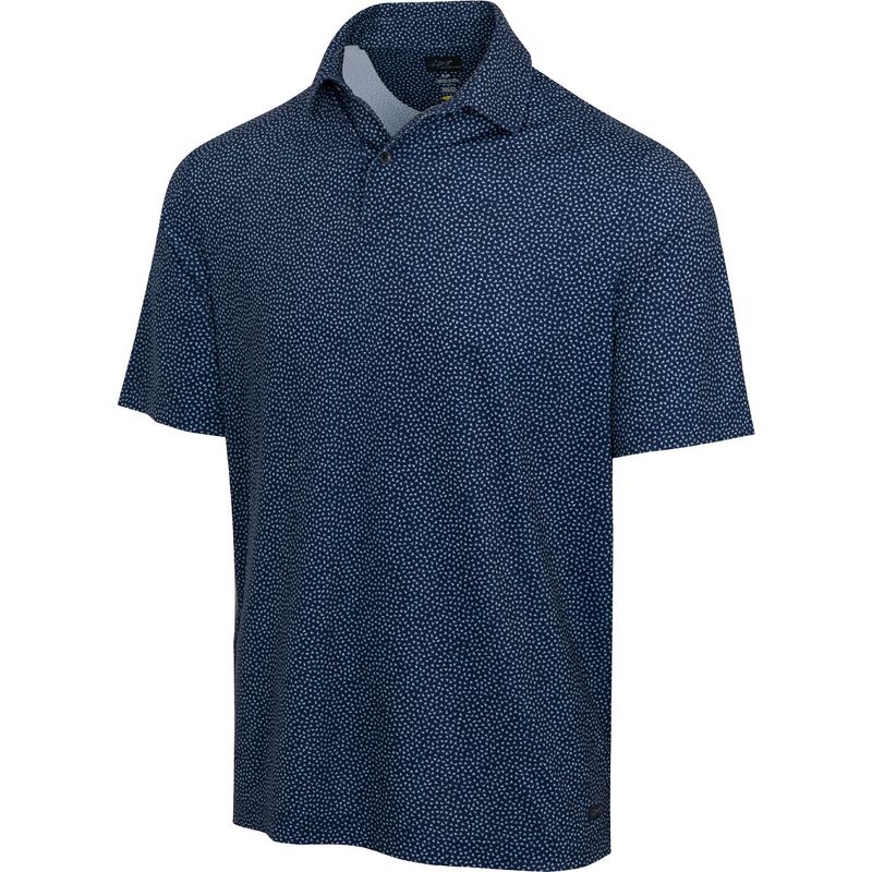 FRONT VIEW OF GREG NORMAN MENS FOSSIL SHARK ML75 STRETCH POLO IN NAVY