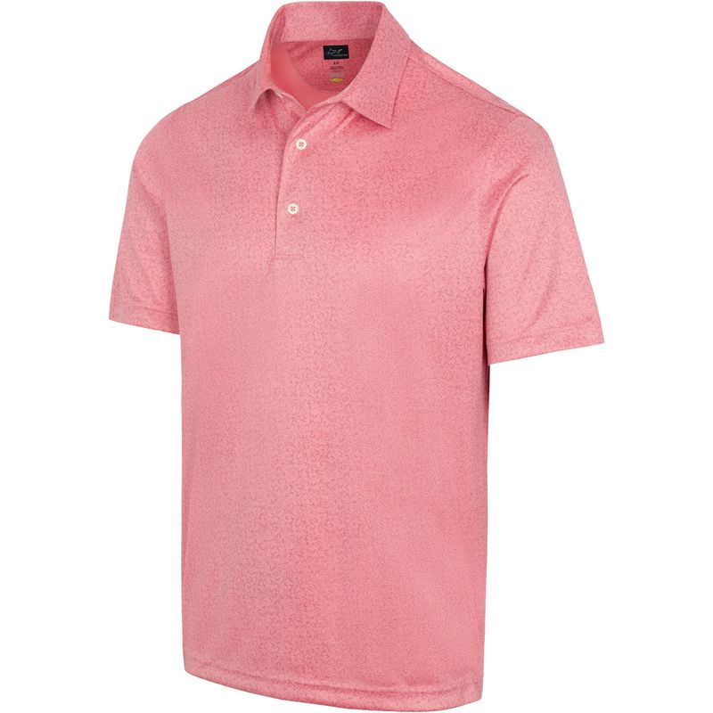 FRONT VIEW OF GREG NORMAN MENS ML75 RECYCLED MICROLUX BOOMERANG POLO IN HARBOR CORAL