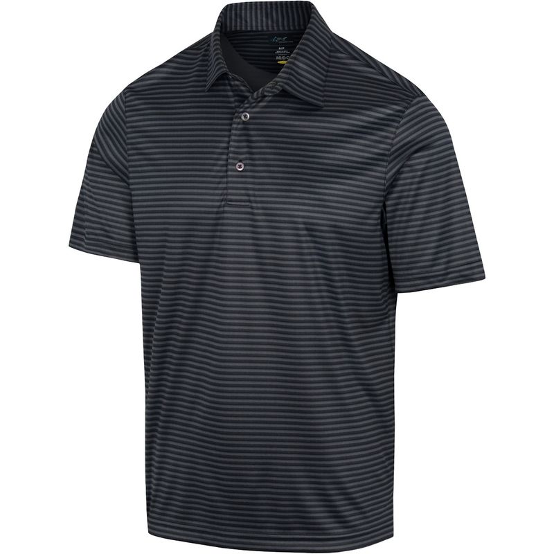 FRONT VIEW OF GREG NORMAN MENS ML75 RECYCLED MICROLUX THREE TONE STRIPE POLO IN BLACK HEATHER