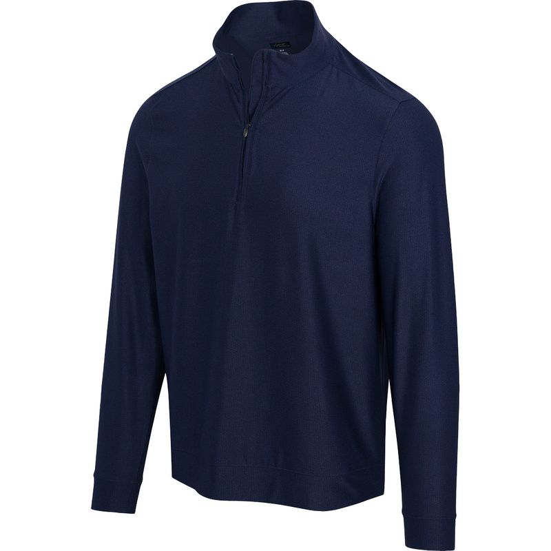 FRONT VIEW OF GREG NORMAN MENS BACKSWING 1/4 ZIP SWEATER IN TWILIGHT HEATHER