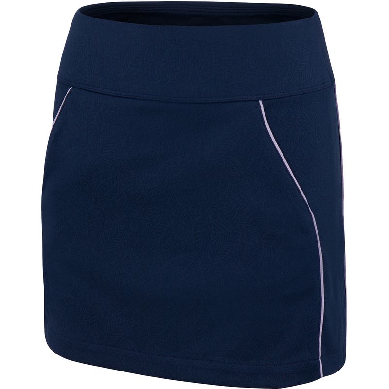 FRONT VIEW OF GREG NORMAN WOMENS MAVERICK PULL-ON FLOUNCE SKORT IN NAVY