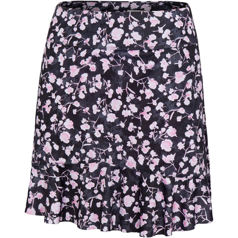 FRONT VIEW OF GREG NORMAN WOMENS ROSARIA PULL-ON FLOUNCE SKORT IN BLACK