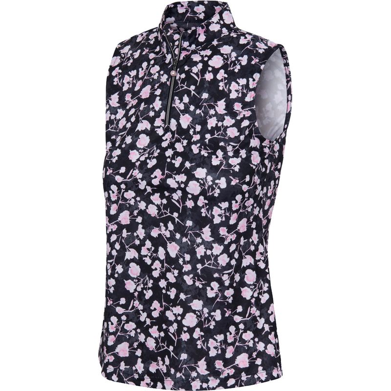 FRONT VIEW OF GREG NORMAN WOMENS BLOSSOM SLEEVELESS POLO IN BLACK