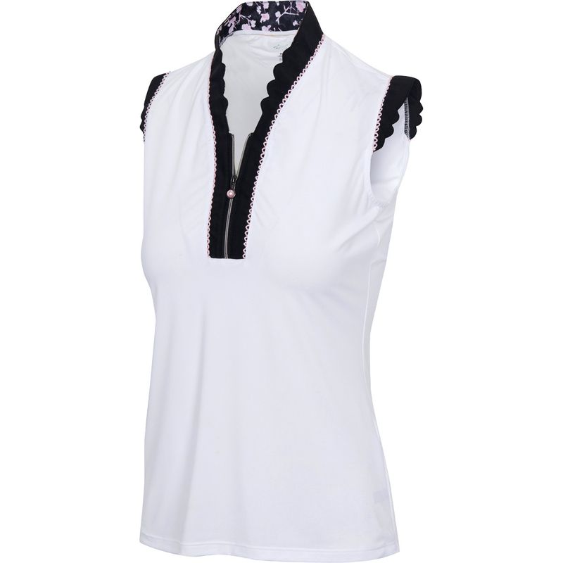 FRONT VIEW OF GREG NORMAN WOMENS BELLE ML75 STRETCH SLEEVELESS POLO IN WHITE