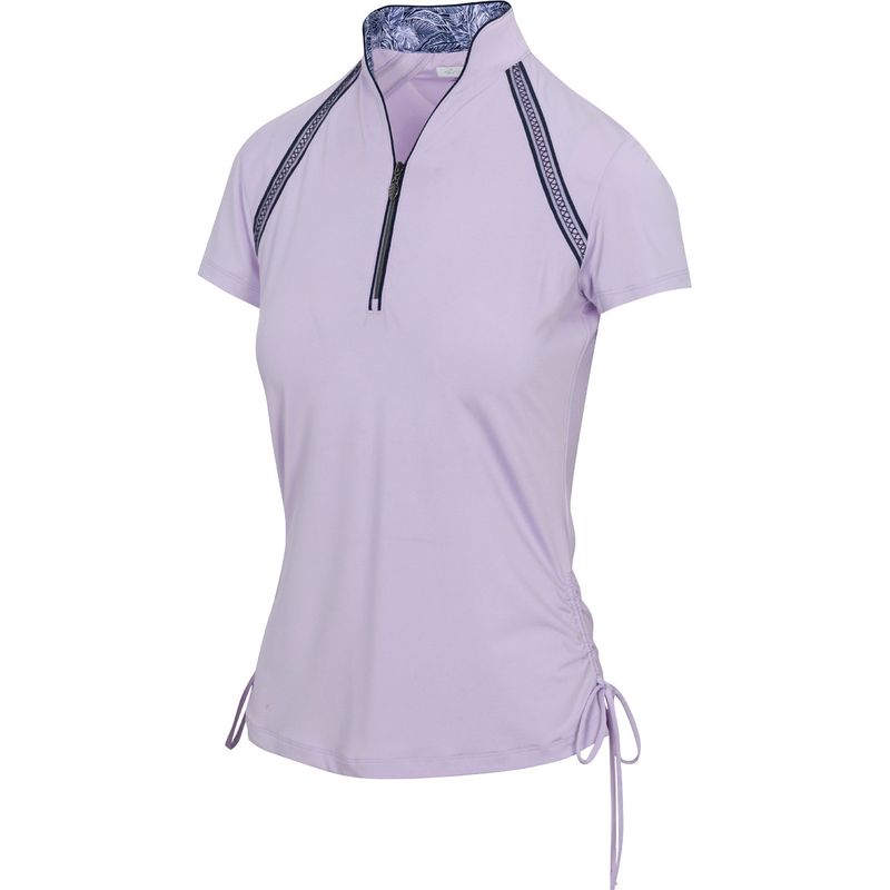 FRONT VIEW OF GREG NORMAN WOMENS SEDGE ML75 STRETCH SHORT SLEEVE POLO IN LAVENDER