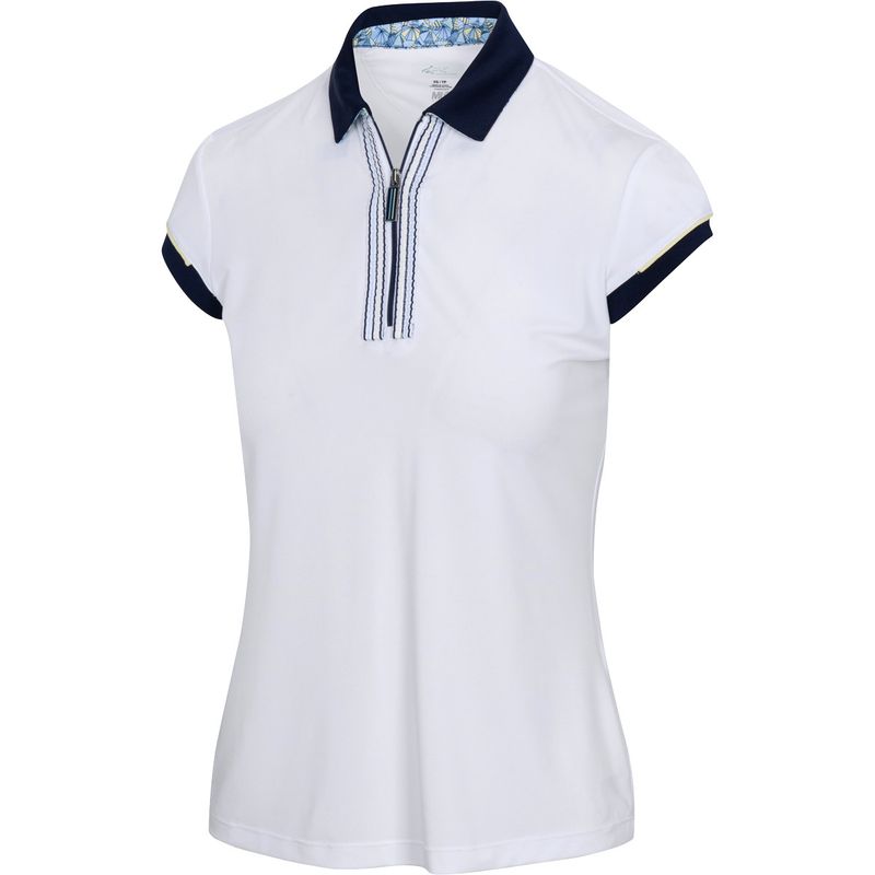 FRONT VIEW OF GREG NORMAN WOMENS NIKKI ML75 STRECH CAPPED-SLEEVE POLO IN WHITE