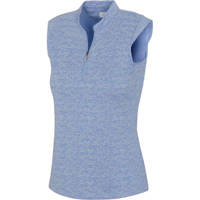 FRONT VIEW OF GREG NORMAN WOMENS TWEED JACQUARD SLEEVELESS ZIP MOCK POLO IN BLUE HAZE
