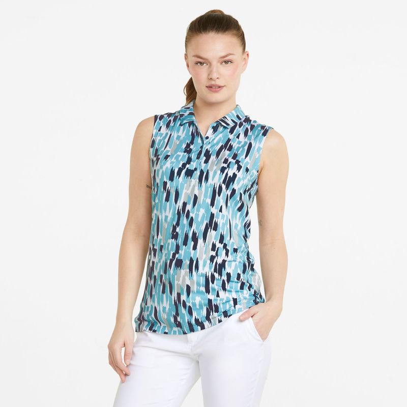 FRONT VIEW OF PUMA WOMENS CLOUDSPUN THREE BRUSH SLEEVELESS POLO IN NAVY BLAZER/DUSTY AQUA