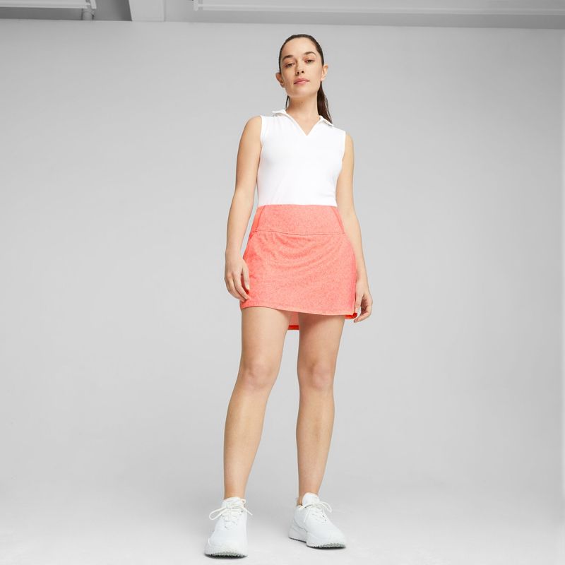 FRONT VIEW OF PUMA WOMENS POWERMESH TIDAL WAVE SKIRT IN FIZZY SUN